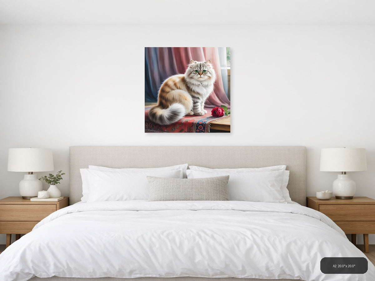 Fluffy Cat with Green Eyes Watercolor Wall Art — A2 / Bedroom