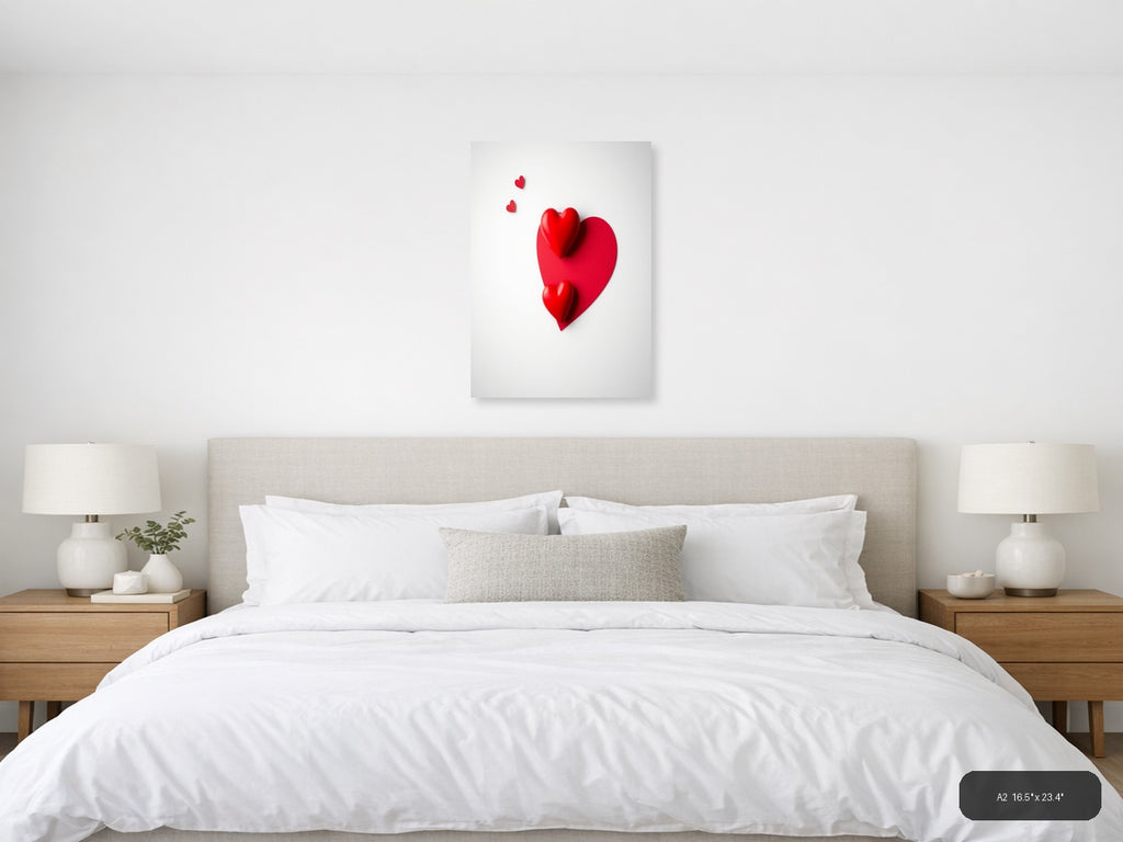 Red Hearts 3D Minimalist Design | Modern Love Canvas Wall Art — A2 (Bedroom)