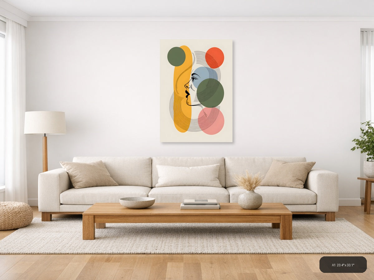 Abstract Line Art Portrait with Geometric Circles Wall Art — A1 / Living Room