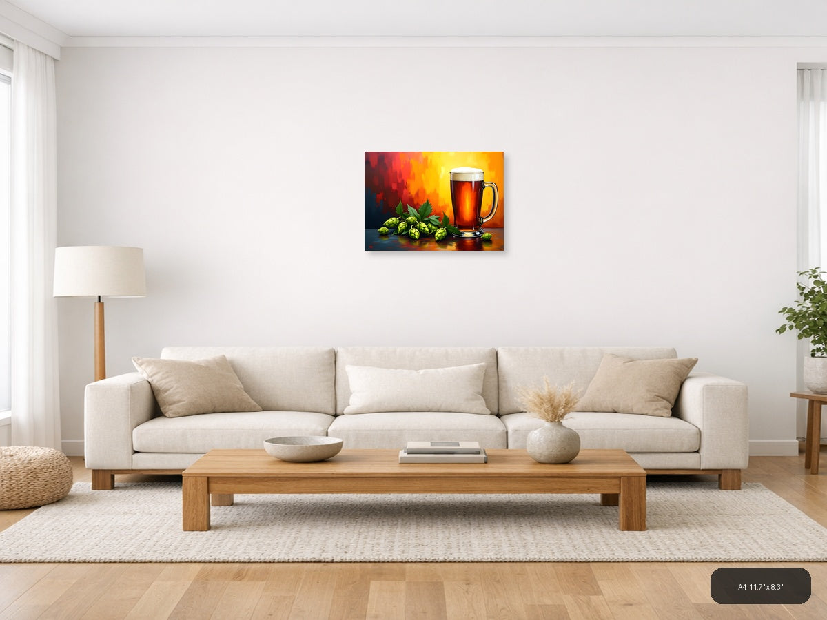 Beer Hops Abstract Red Orange Yellow Wall Art — A4 / Living Room