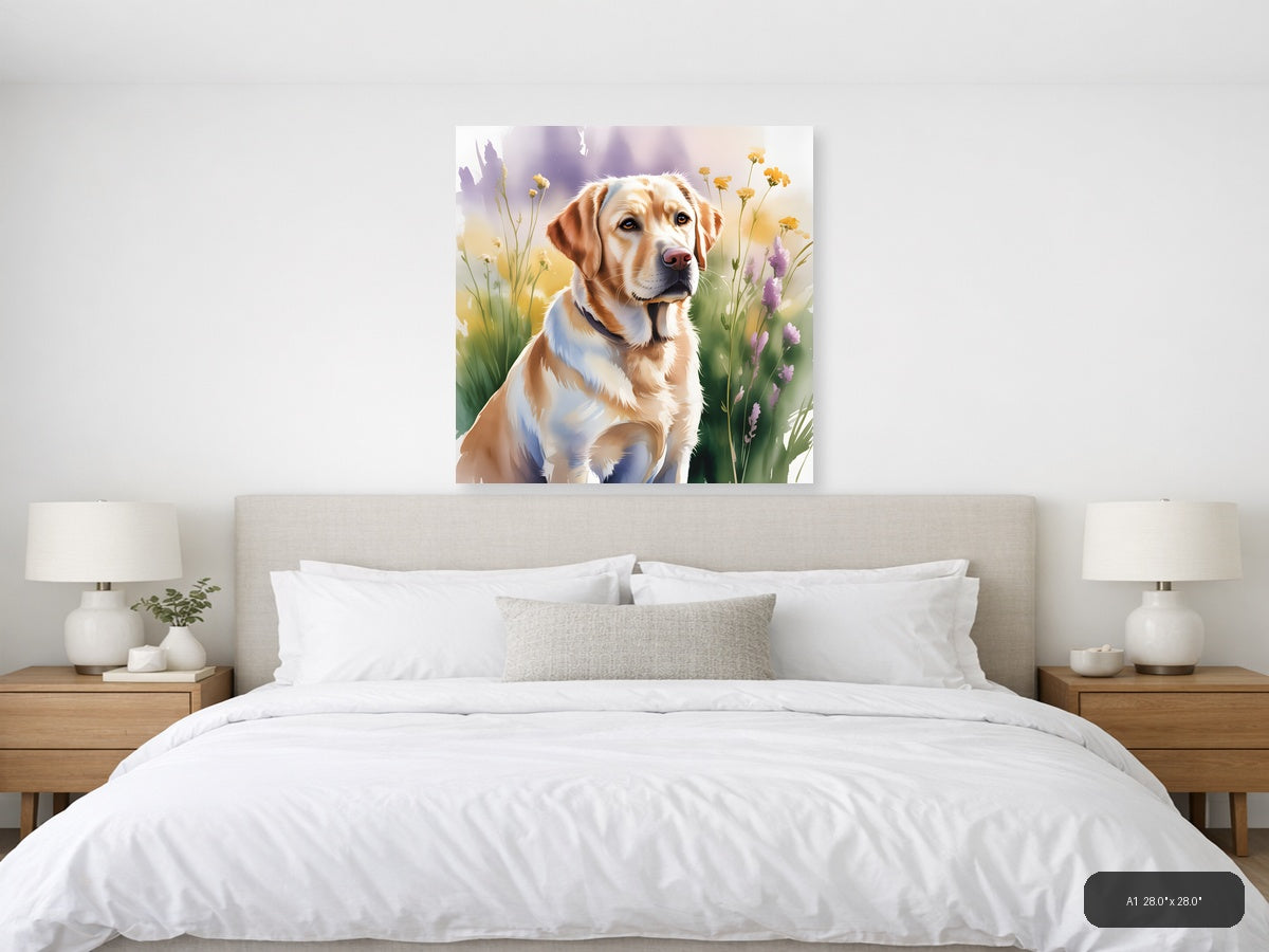 Brown and White Dog with Wildflowers Watercolor Wall Art — A1 / Bedroom