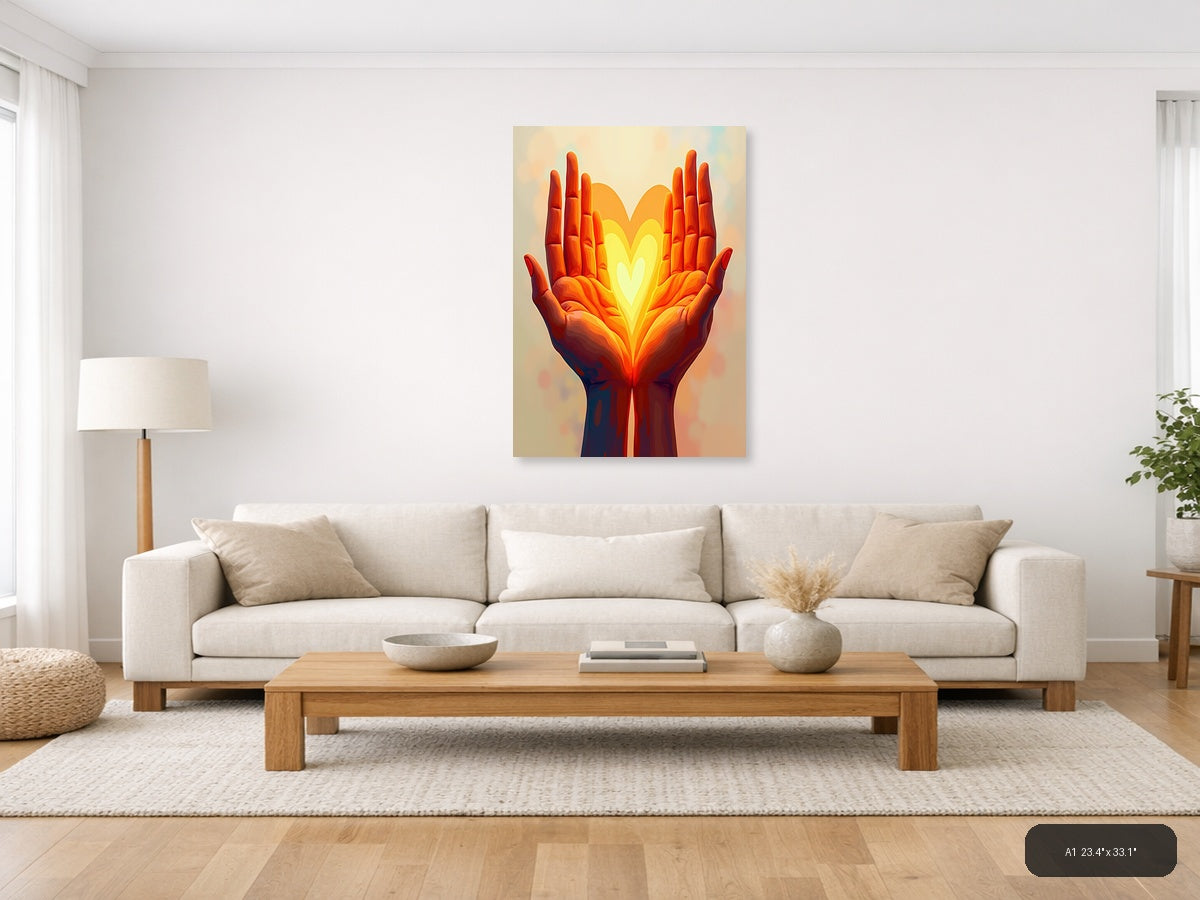 Glowing Heart in Hands Abstract Portrait Wall Art — A1 / Living Room