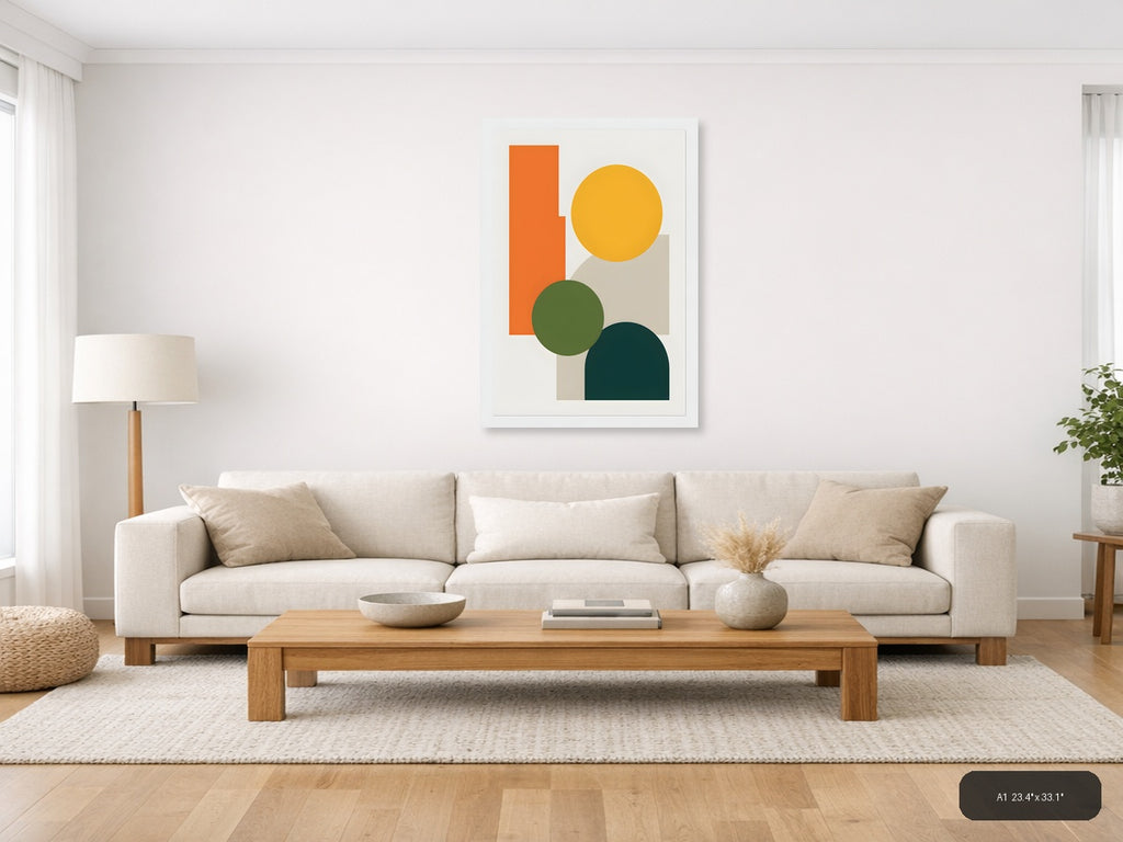 Minimalist Geometric Shapes in Orange, Yellow & Teal Wall Art — A1 / Living Room
