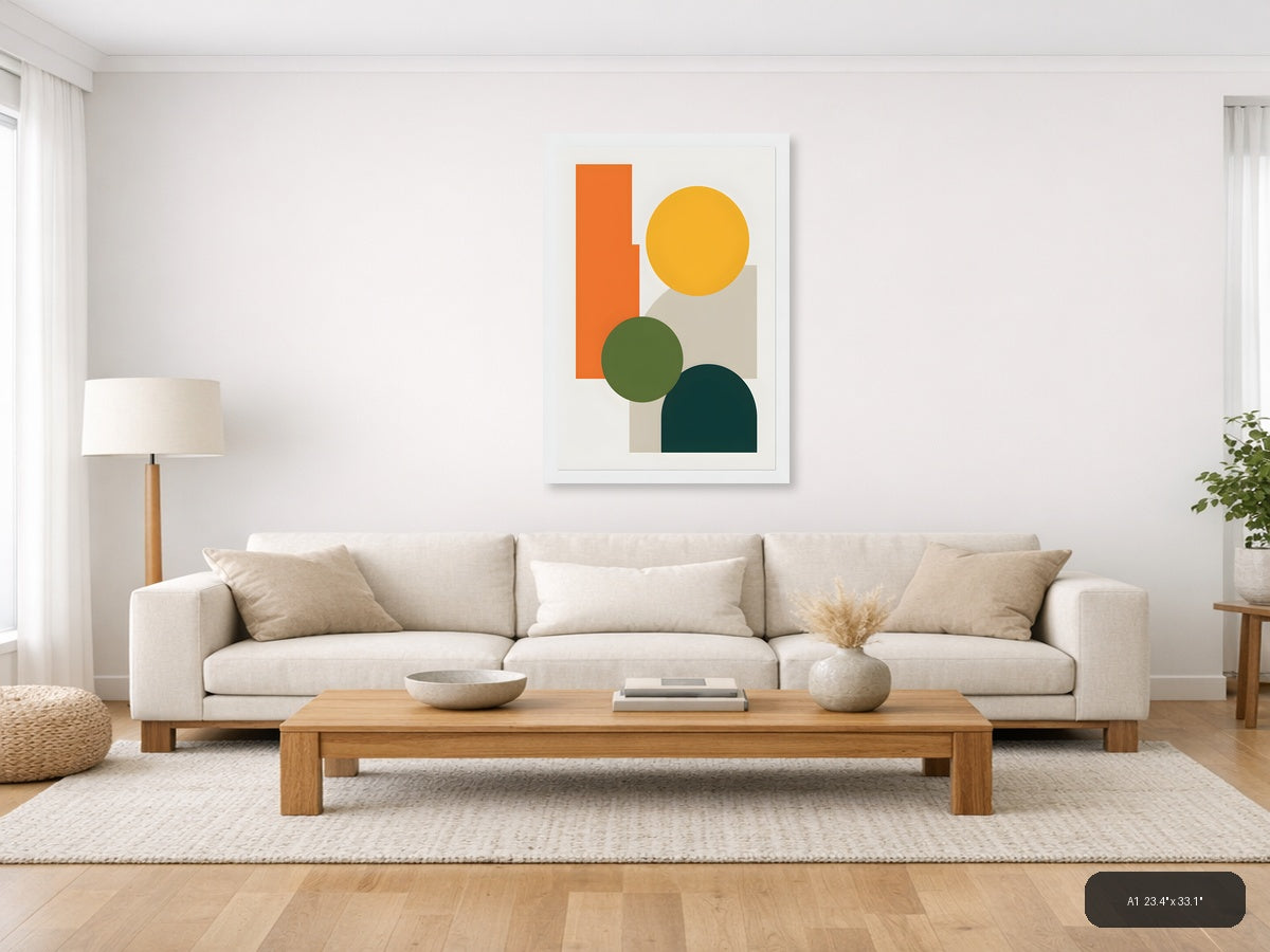 Minimalist Geometric Shapes in Orange, Yellow & Teal Wall Art — A1 / Living Room