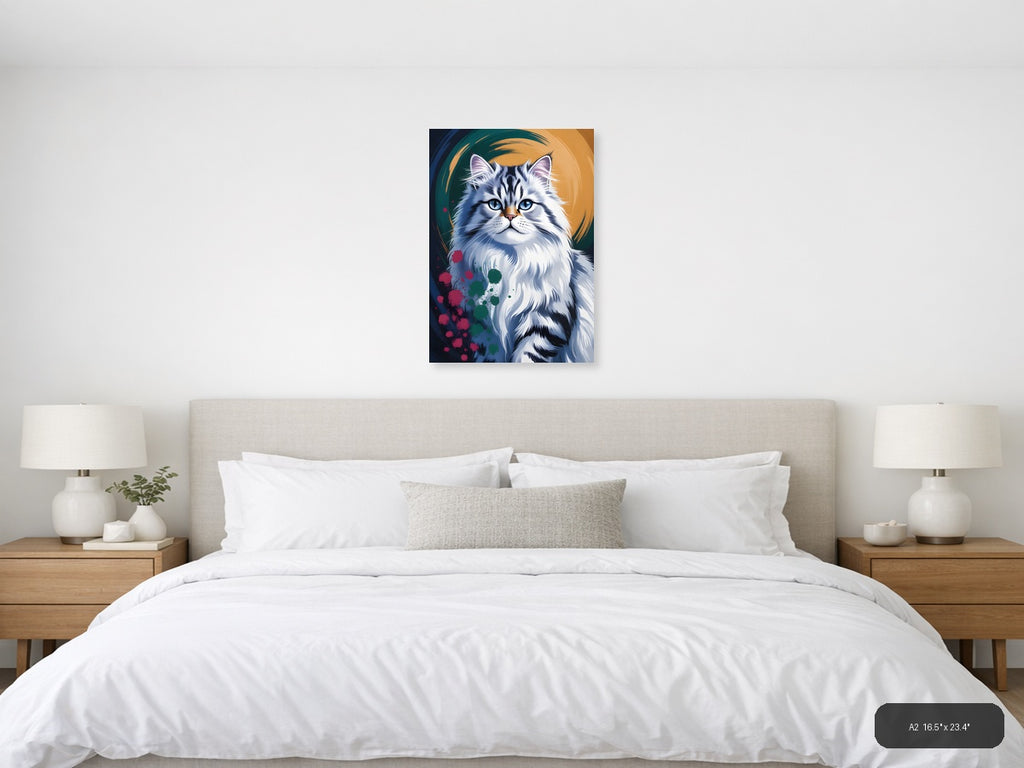 Blue-Eyed White Cat Abstract Portrait Wall Art — A2 / Bedroom
