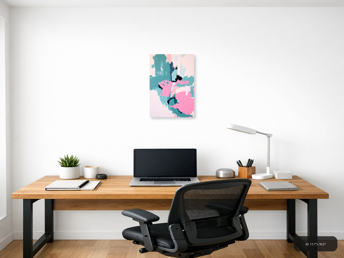 Abstract Teal Pink Black Brushstroke Map Wall Art — A3 / Office