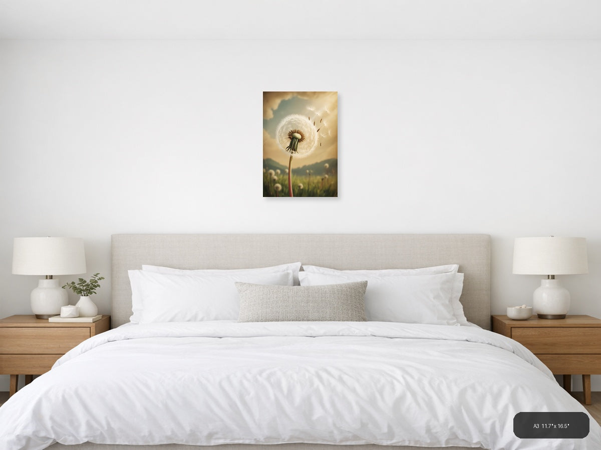 Vintage Dandelion Seeds Blowing Away Portrait Wall Art — A3 / Bedroom