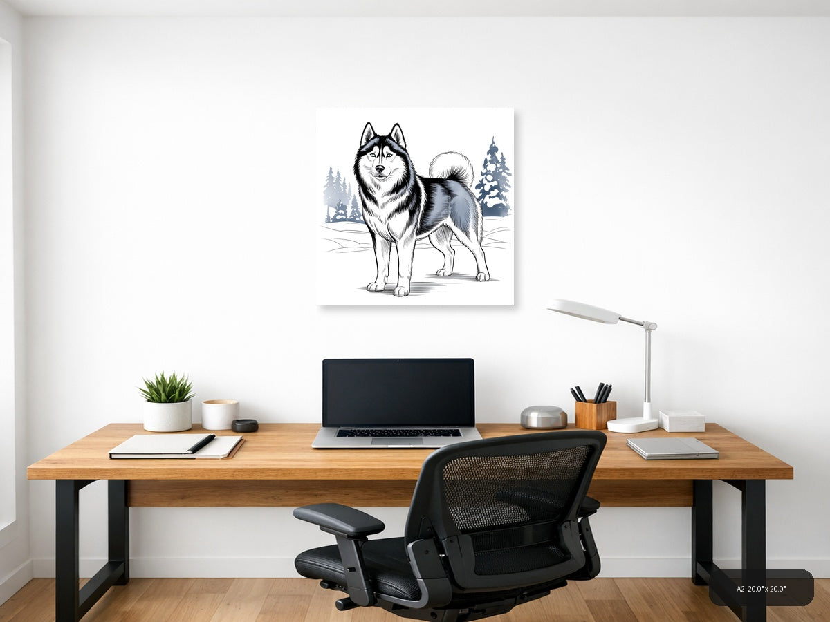 Husky Winter Line Art Portrait Wall Art — A2 / Office