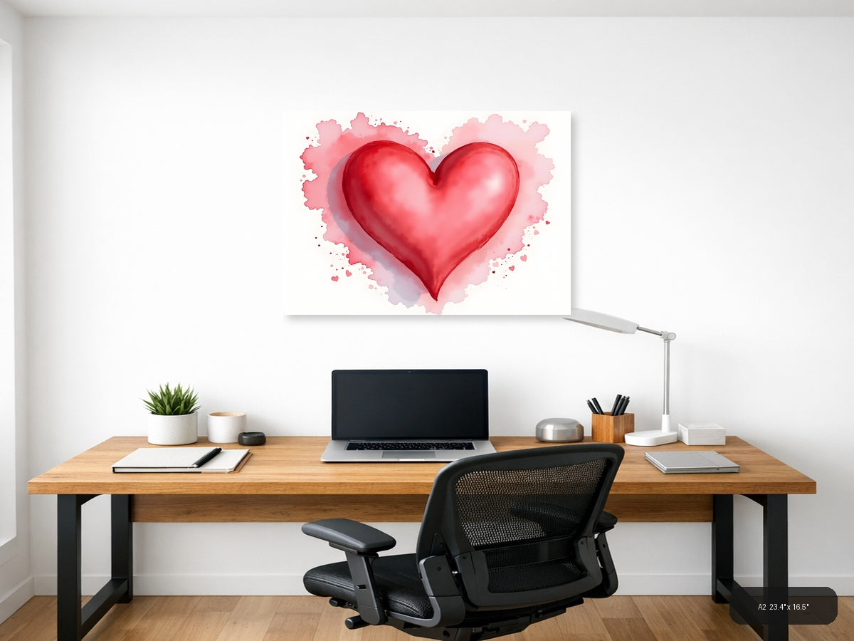 Red Heart Watercolor Splash Modern Wall Art — A2 / Office