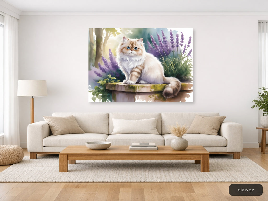 Fluffy Cat with Blue Eyes in Lavender Garden Watercolor Wall Art — A1 / Living Room