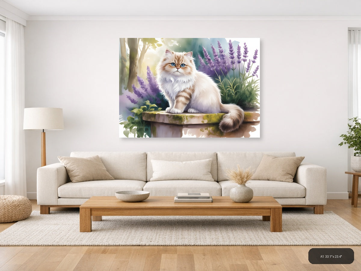 Fluffy Cat with Blue Eyes in Lavender Garden Watercolor Wall Art — A1 / Living Room