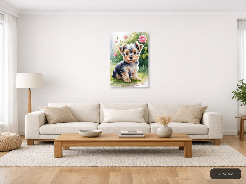Adorable Puppy with Pink Roses Watercolor Wall Art — A2 / Living Room