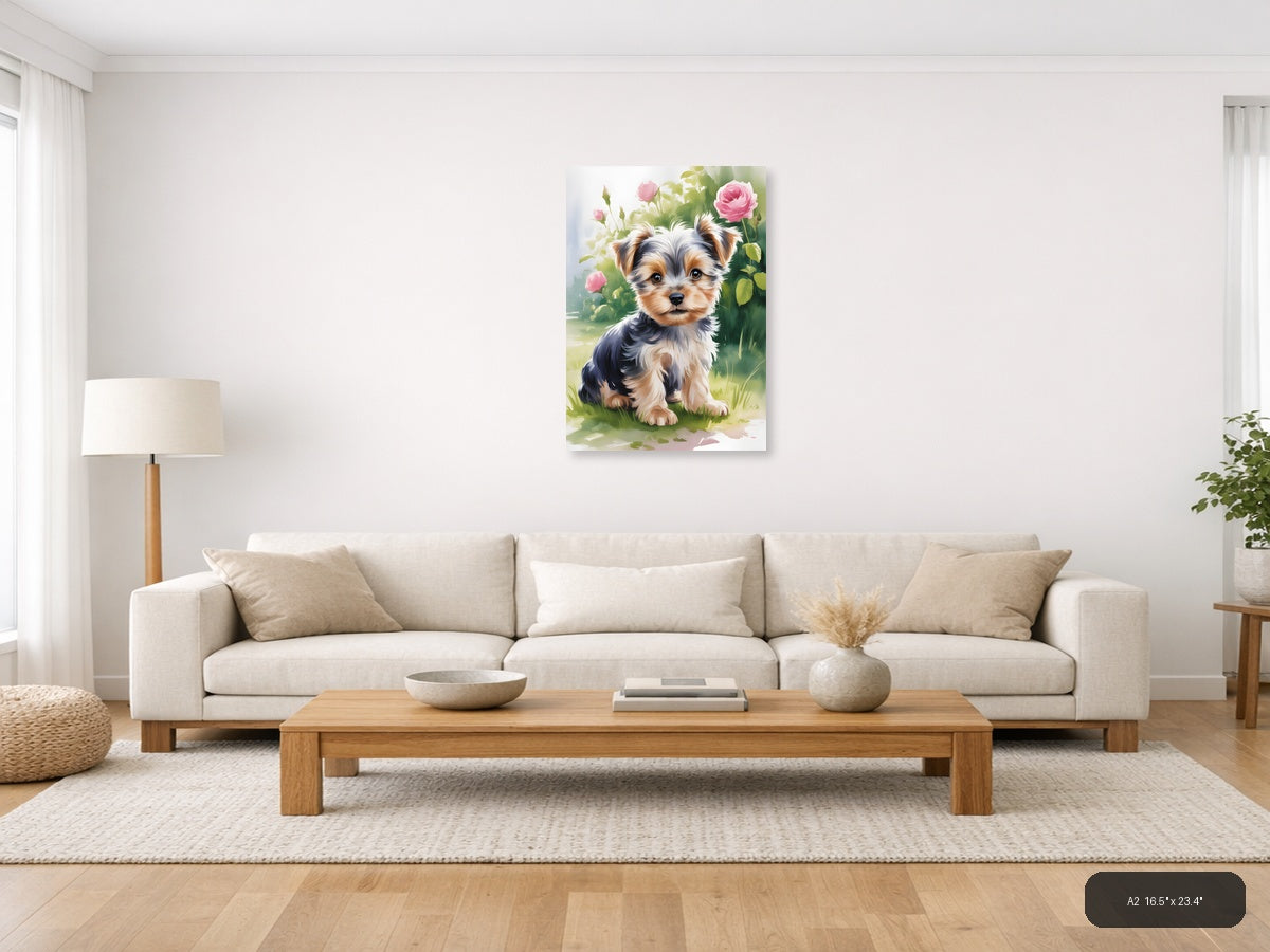 Adorable Puppy with Pink Roses Watercolor Wall Art — A2 / Living Room