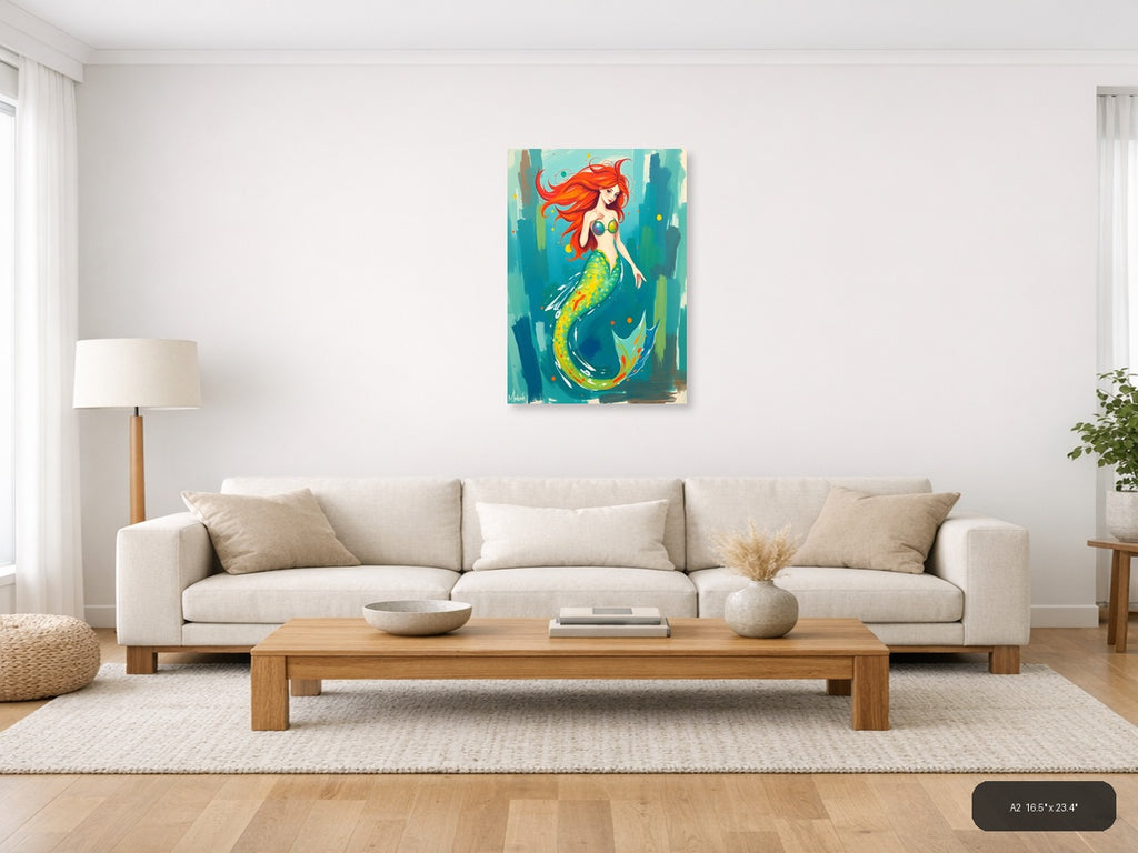 Vibrant Mermaid with Red Hair Abstract Wall Art — A2 / Living Room