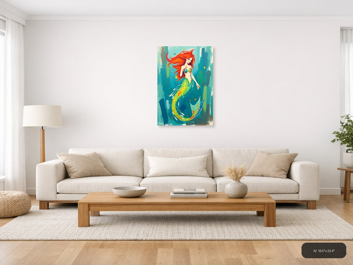 Vibrant Mermaid with Red Hair Abstract Wall Art — A2 / Living Room