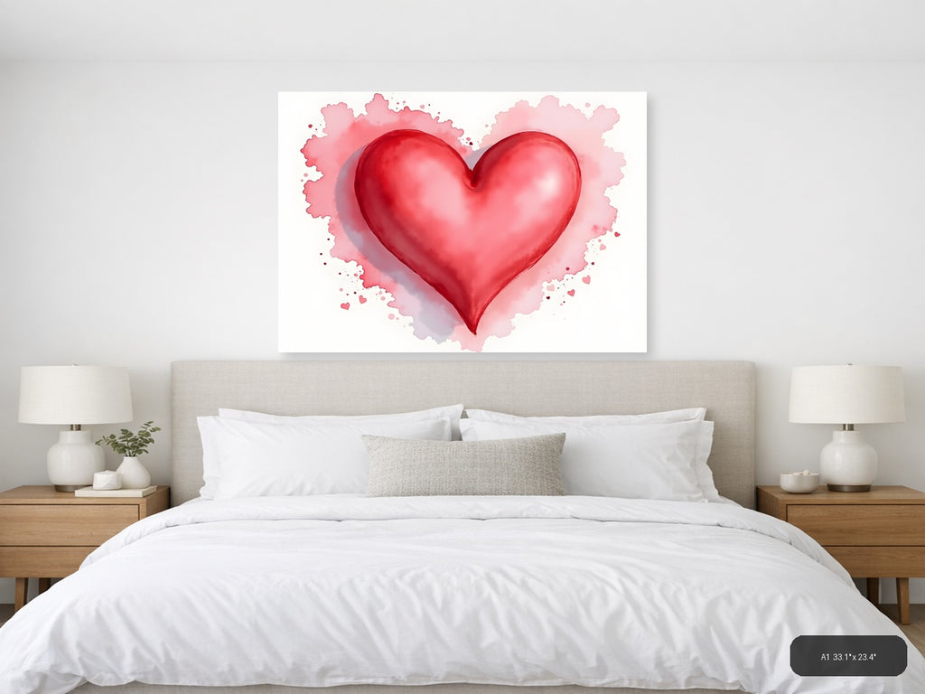 Red Heart Watercolor Splash Modern Wall Art — A1 / Bedroom