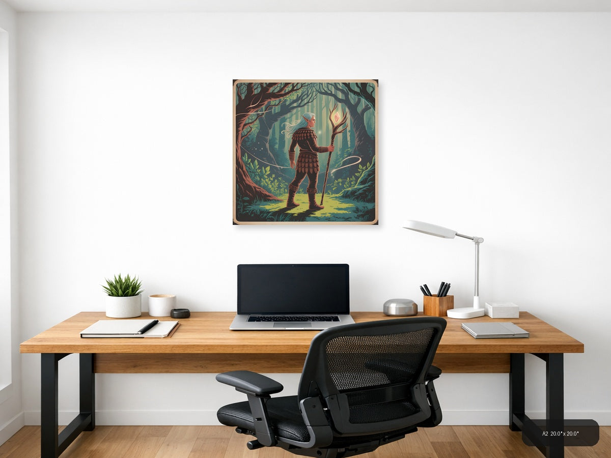 Elf Warrior in Enchanted Forest Vintage Wall Art — A2 / Office
