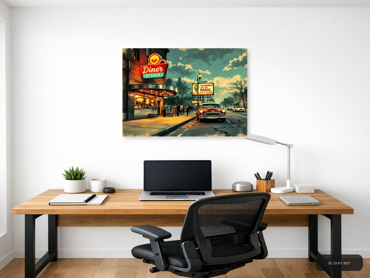 Vintage Diner Street Scene Retro Americana Wall Art — A2 / Office