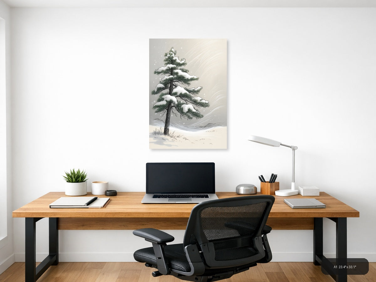Snow-Covered Pine Tree Line Art Winter Wall Art — A1 / Office