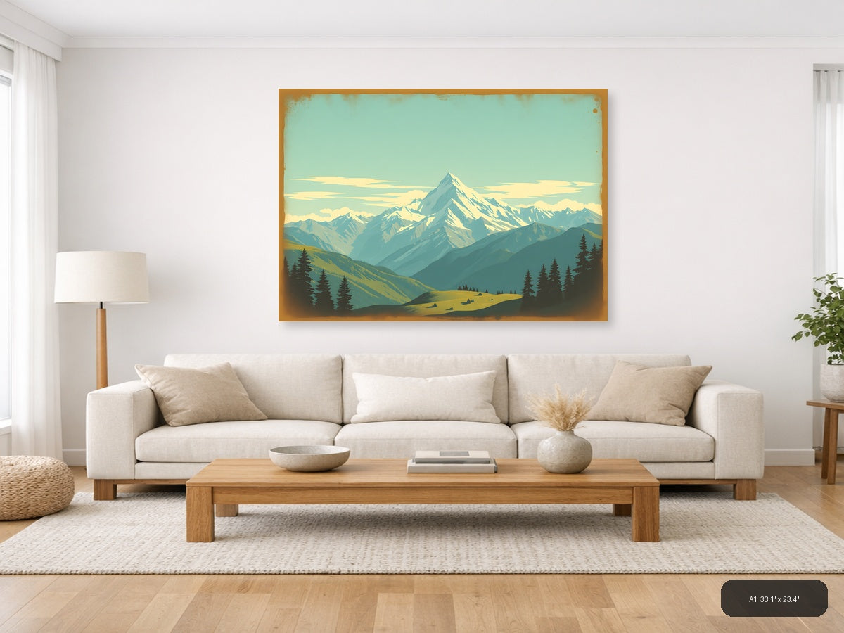 Vintage Alpine Mountain Landscape with Snow Peaks Wall Art — A1 / Living Room