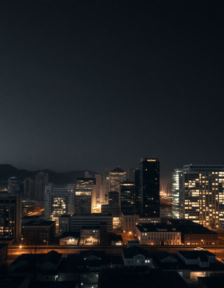 Urban Skyline at Dusk with Golden City Lights | Minimalist Wall Art