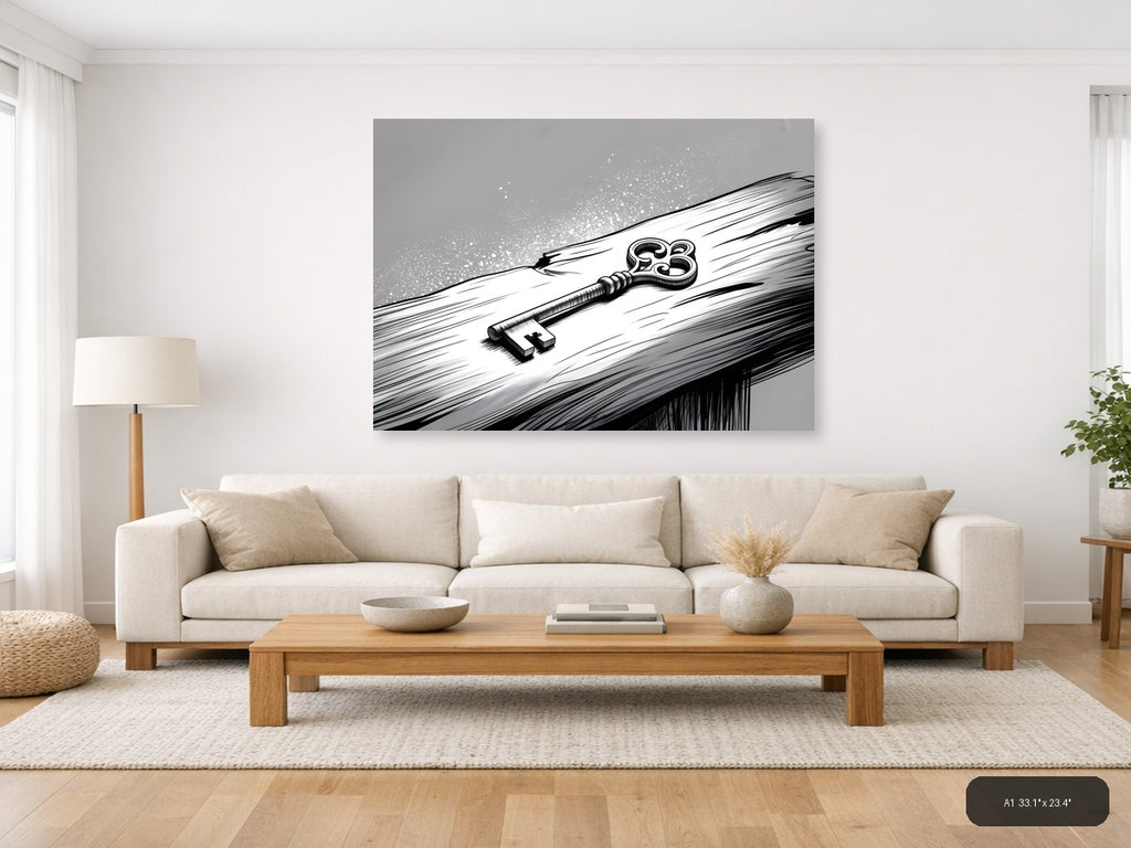 Ornate Key on Wood Line Art Wall Art — A1 / Living Room