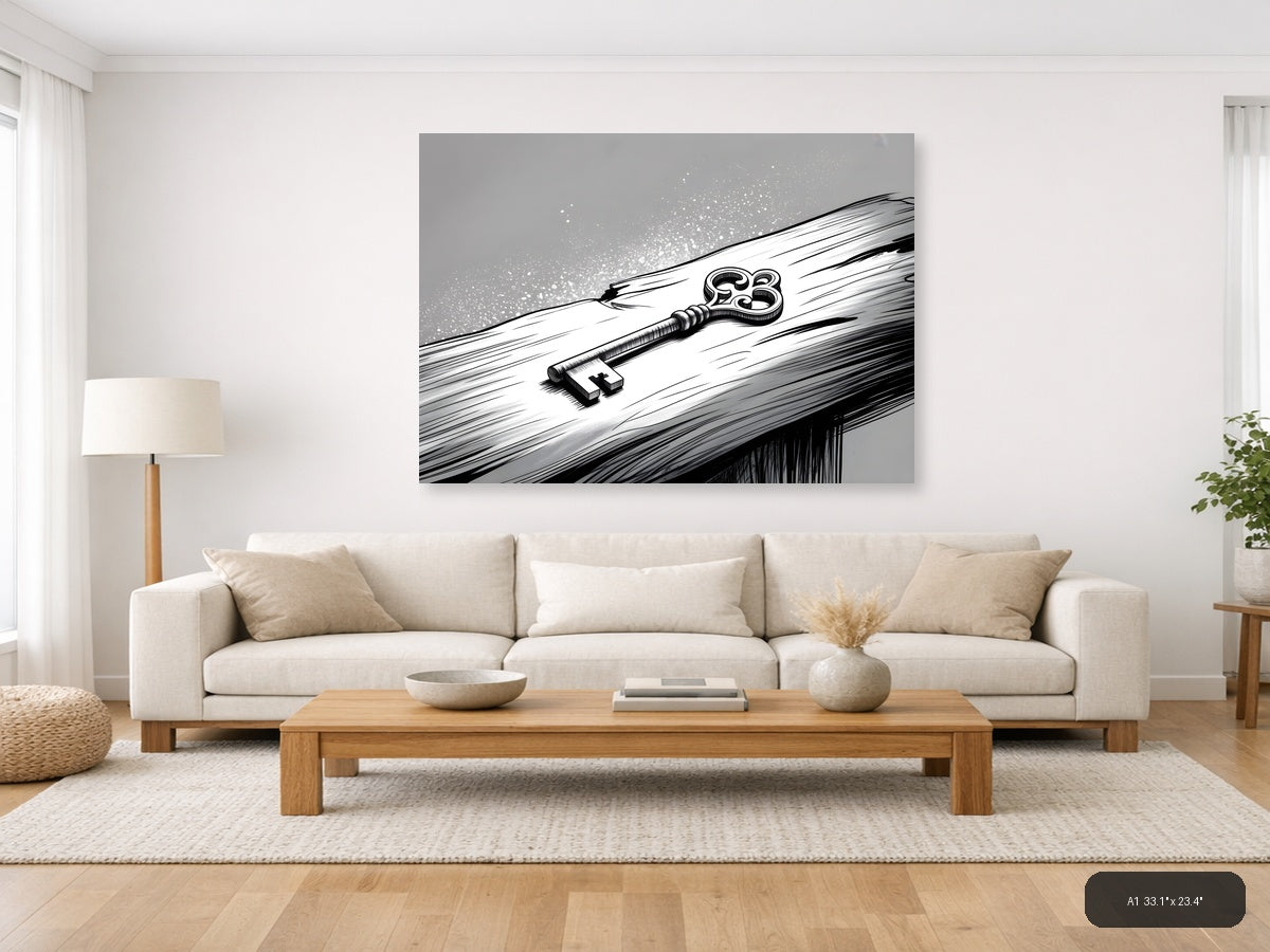 Ornate Key on Wood Line Art Wall Art — A1 / Living Room