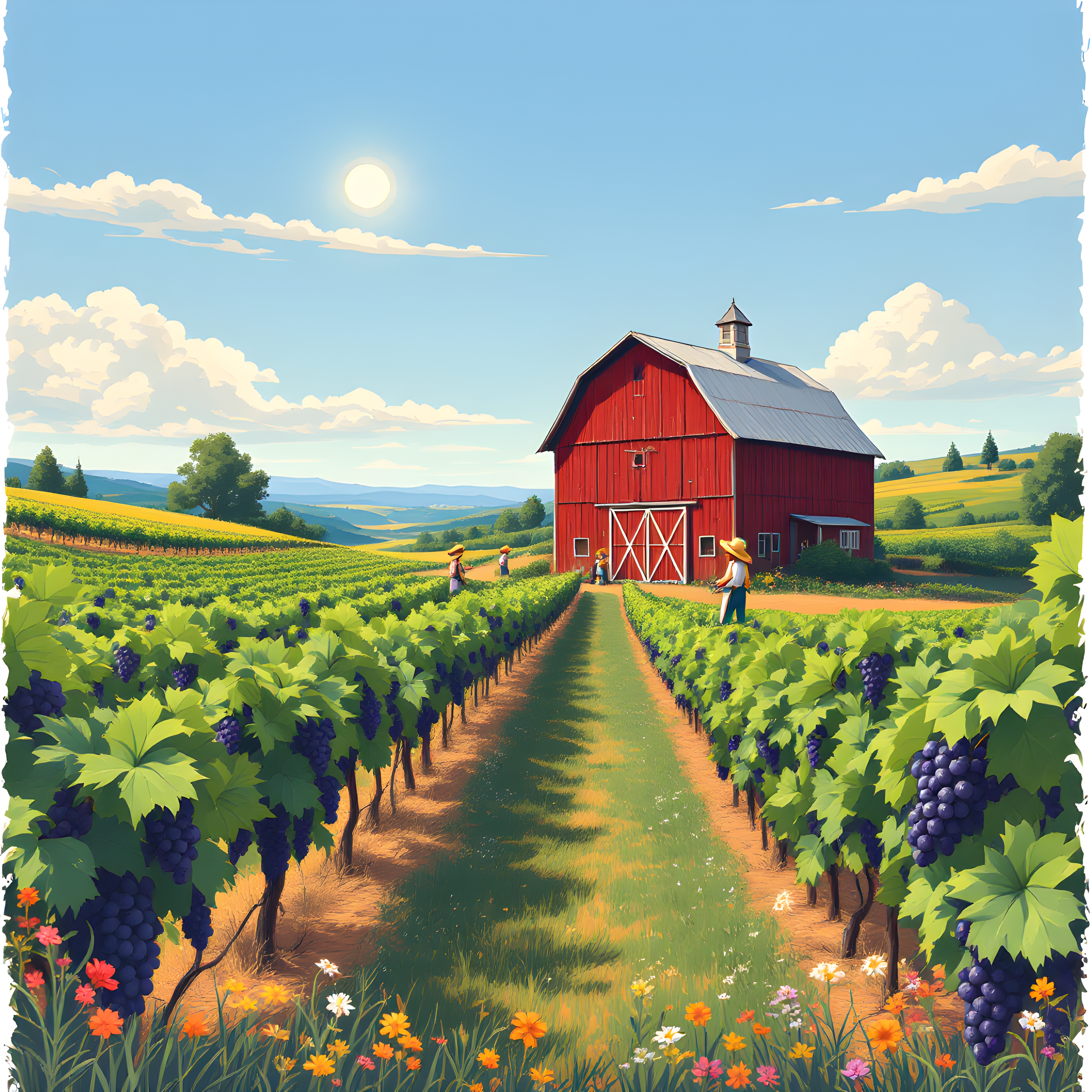 Vintage Vineyard Farm with Red Barn and Workers Wall Art