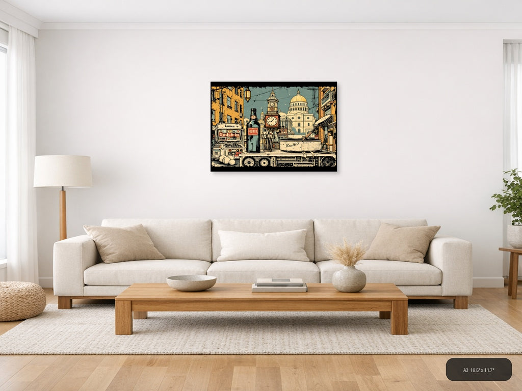 Vintage City Street Scene with Capitol Dome Wall Art — A3 / Living Room