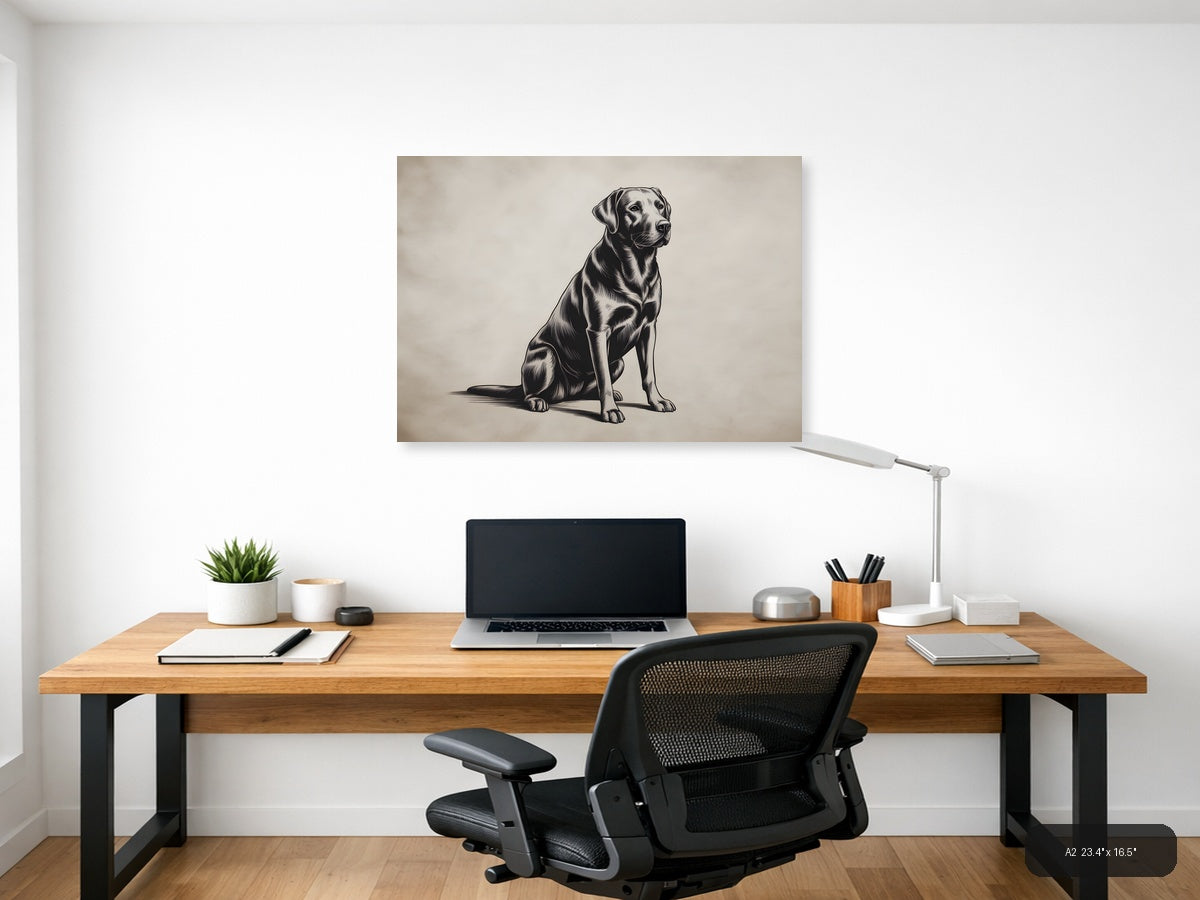 Sitting Labrador Retriever Line Art Black & White Wall Art — A2 / Office