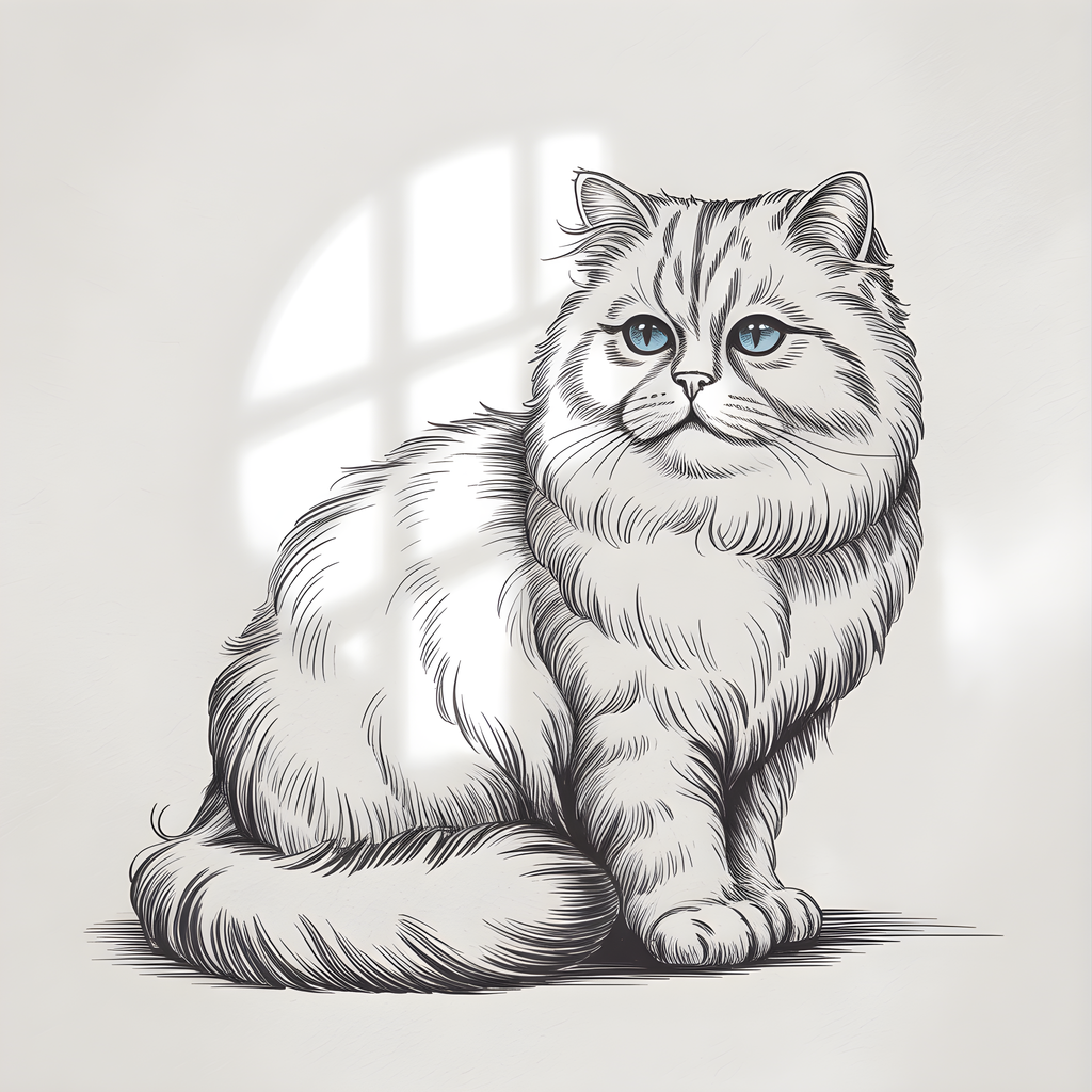 Fluffy Cat with Blue Eyes Line Art Wall Art