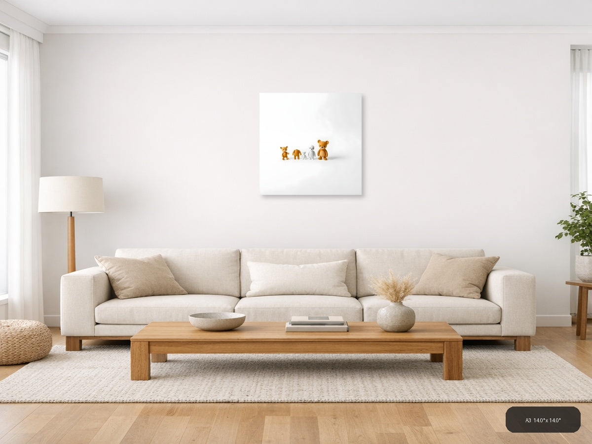 Minimalist Teddy Bears Family Lineup Square Wall Art — A3 / Living Room