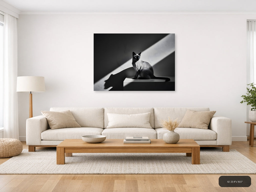 Siamese Cat in Sunlight - Black White Photography Wall Art — A2 / Living Room