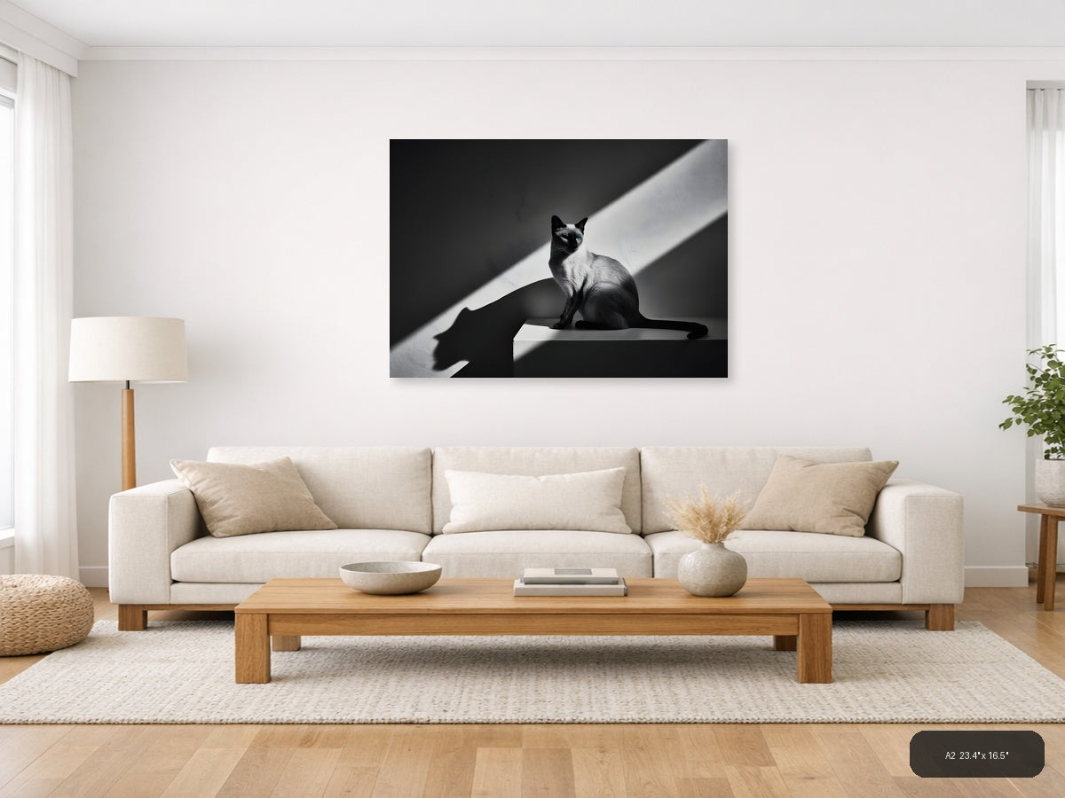 Siamese Cat in Sunlight - Black White Photography Wall Art — A2 / Living Room