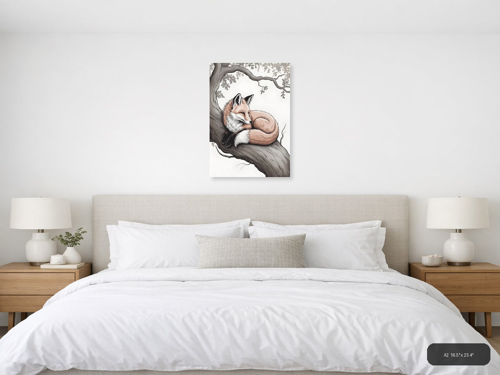 Resting Fox Under Oak Tree Line Art Wall Art — A2 / Bedroom