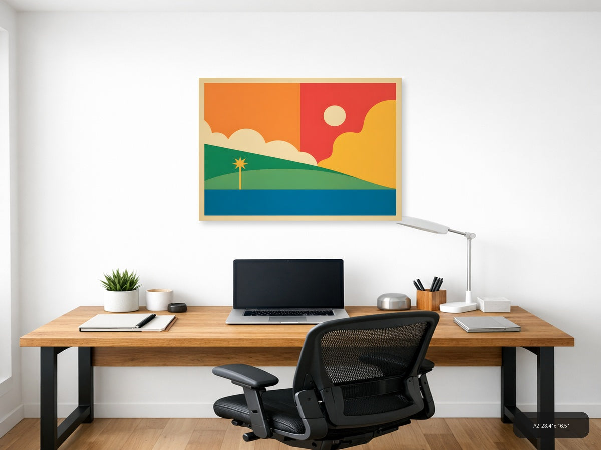 Vintage Sunset Landscape with Palm Tree Wall Art — A2 / Office