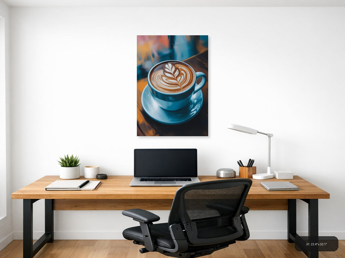 Latte Art Coffee Cup Abstract Blue Wall Art — A1 / Office