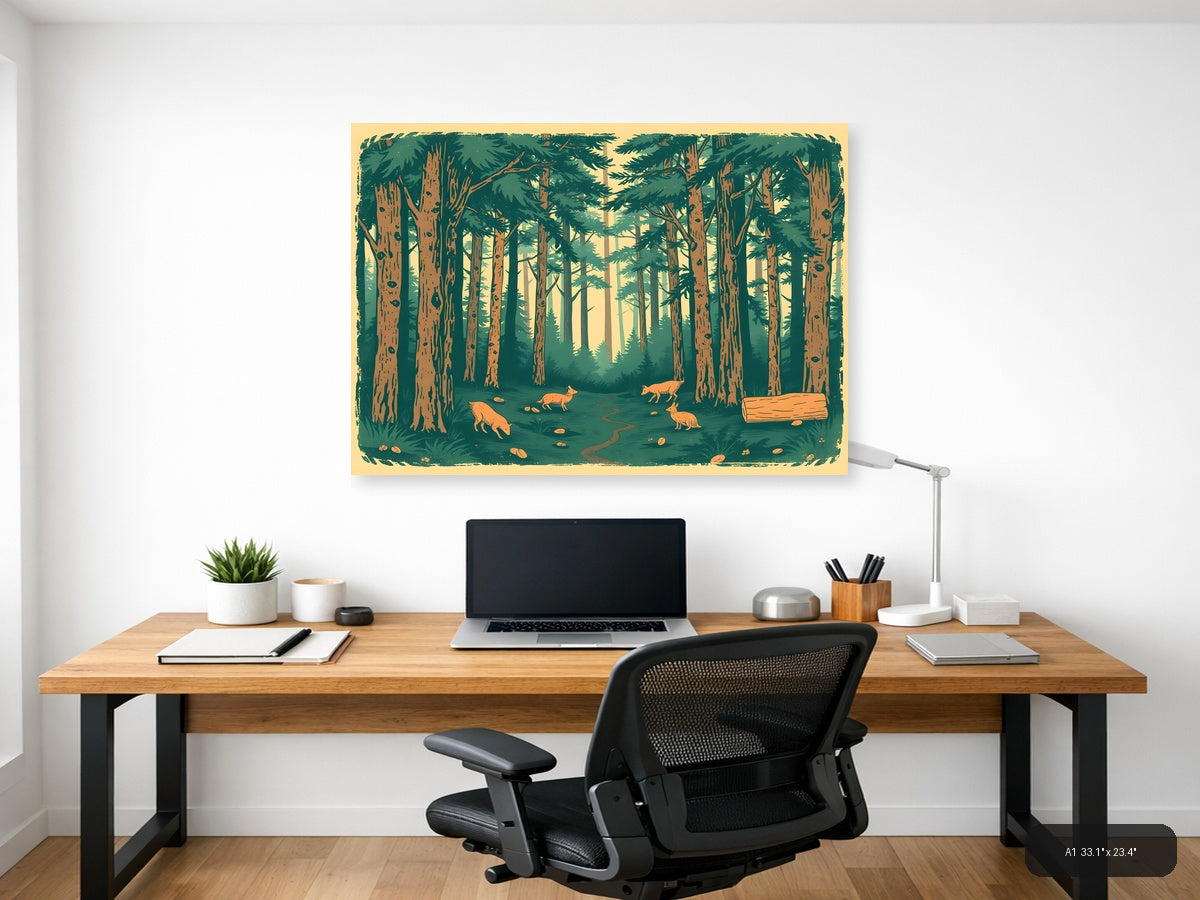 Vintage Forest Scene with Deer - Landscape Wall Art — A1 / Office