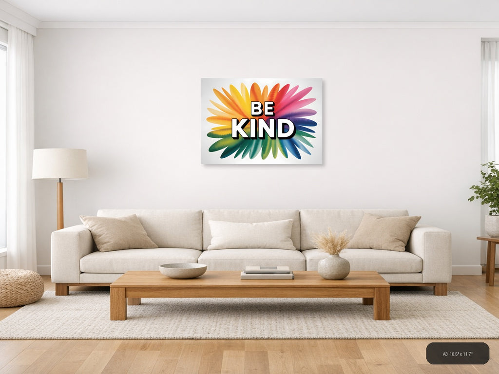 Be Kind Watercolor Rainbow Sunburst Wall Art — A3 / Living Room