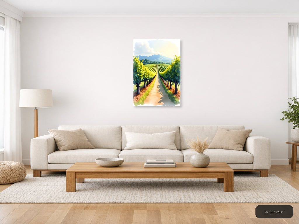 Vineyard Mountain Landscape Watercolor Wall Art — A2 / Living Room
