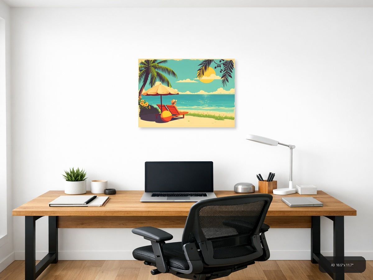 Vintage Beach Vacation Scene with Umbrella Wall Art — A3 / Office