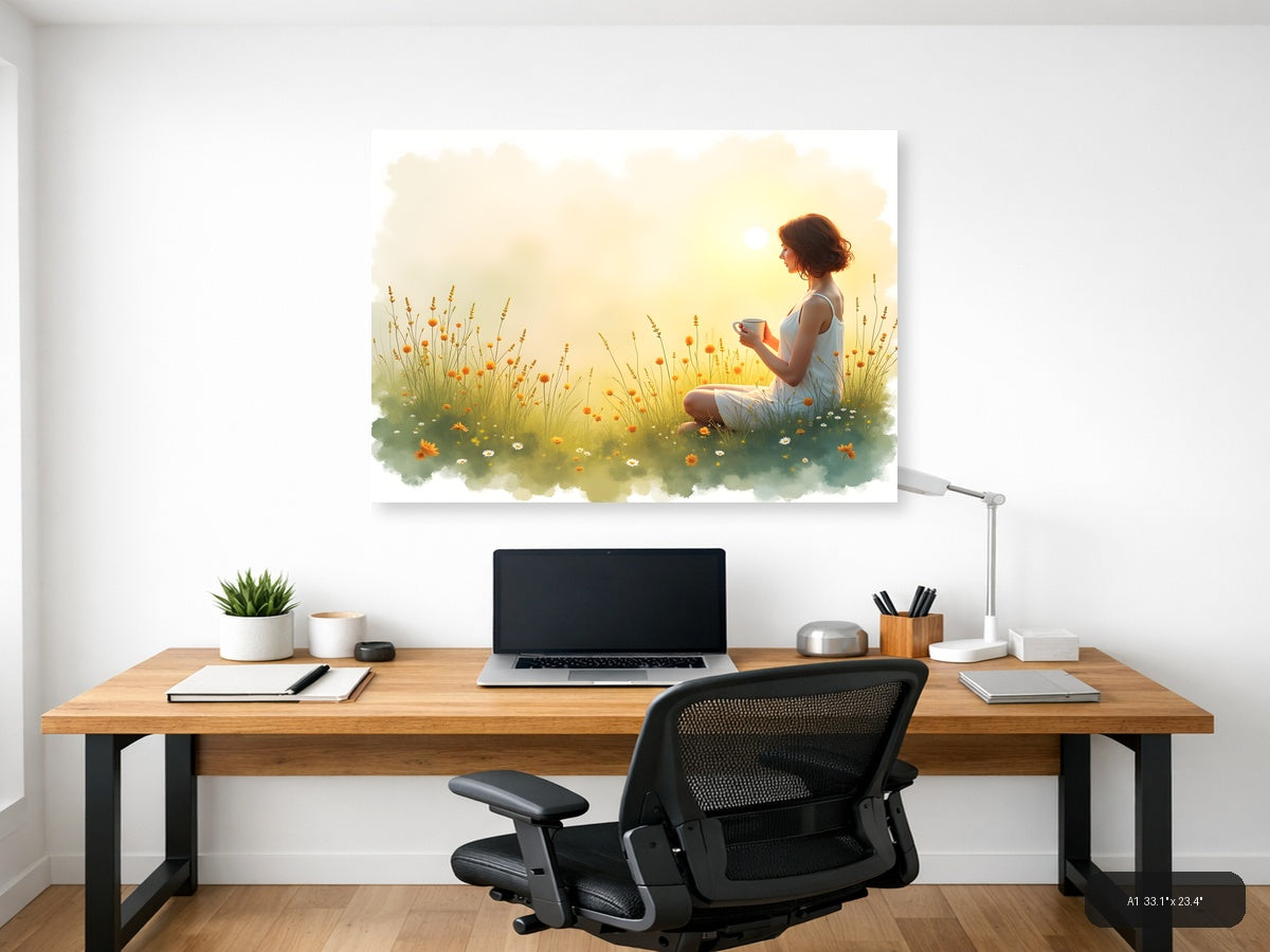 Woman in Wildflower Field at Sunrise Watercolor Wall Art — A1 / Office