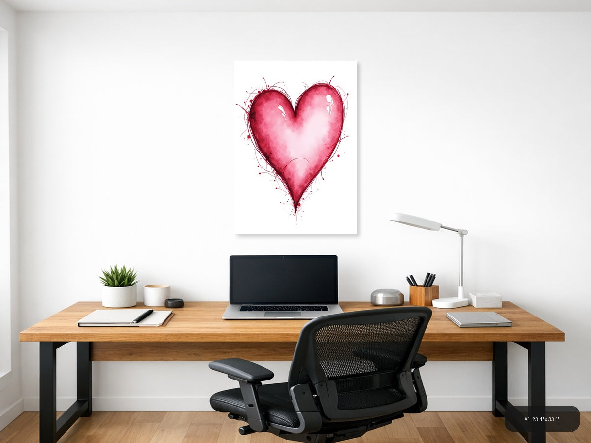 Pink Watercolor Heart with Line Art Splatter Wall Art — A1 / Office
