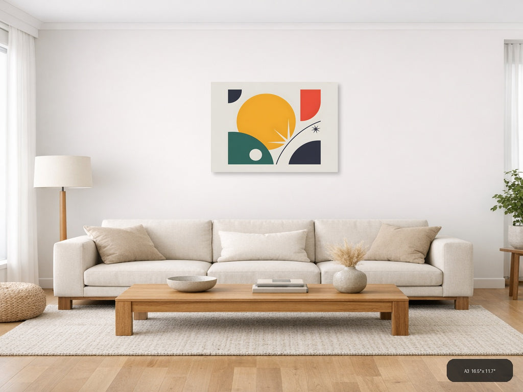 Minimalist Sunset Landscape with Geometric Shapes Wall Art — A3 / Living Room
