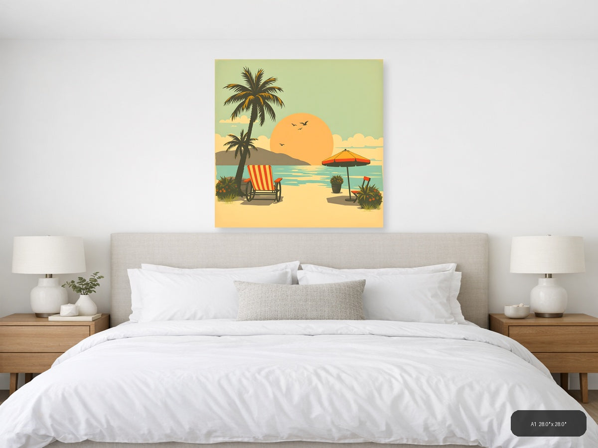 Vintage Beach Sunset Palm Tree Scene Wall Art — A1 / Bedroom