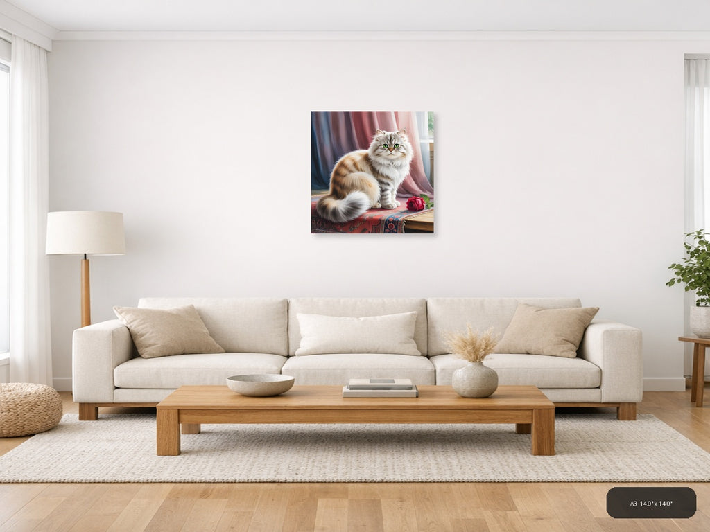 Fluffy Cat with Green Eyes Watercolor Wall Art — A3 / Living Room