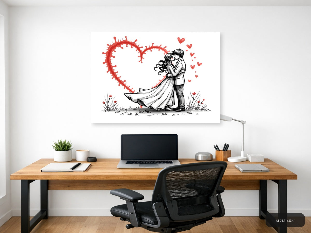 Couple Kissing Red Heart Line Art Wall Art — A1 / Office