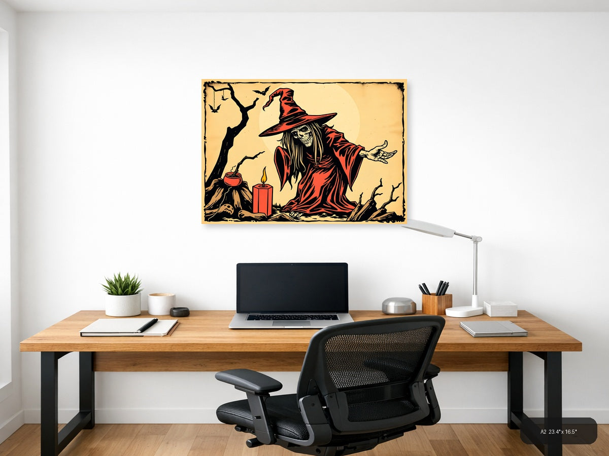 Vintage Witch in Red Robe Halloween Wall Art — A2 / Office