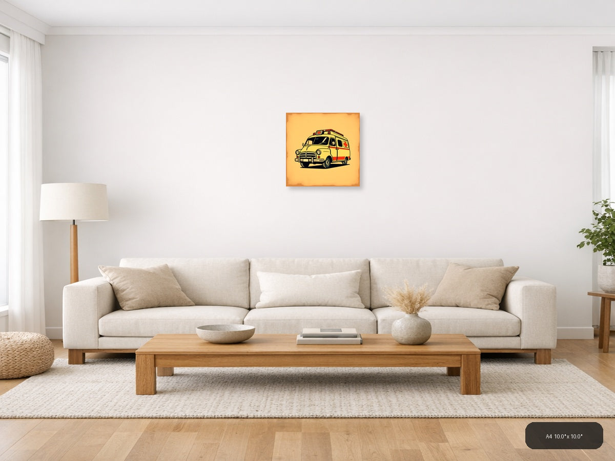 Vintage Yellow Ambulance Retro Wall Art — A4 / Living Room