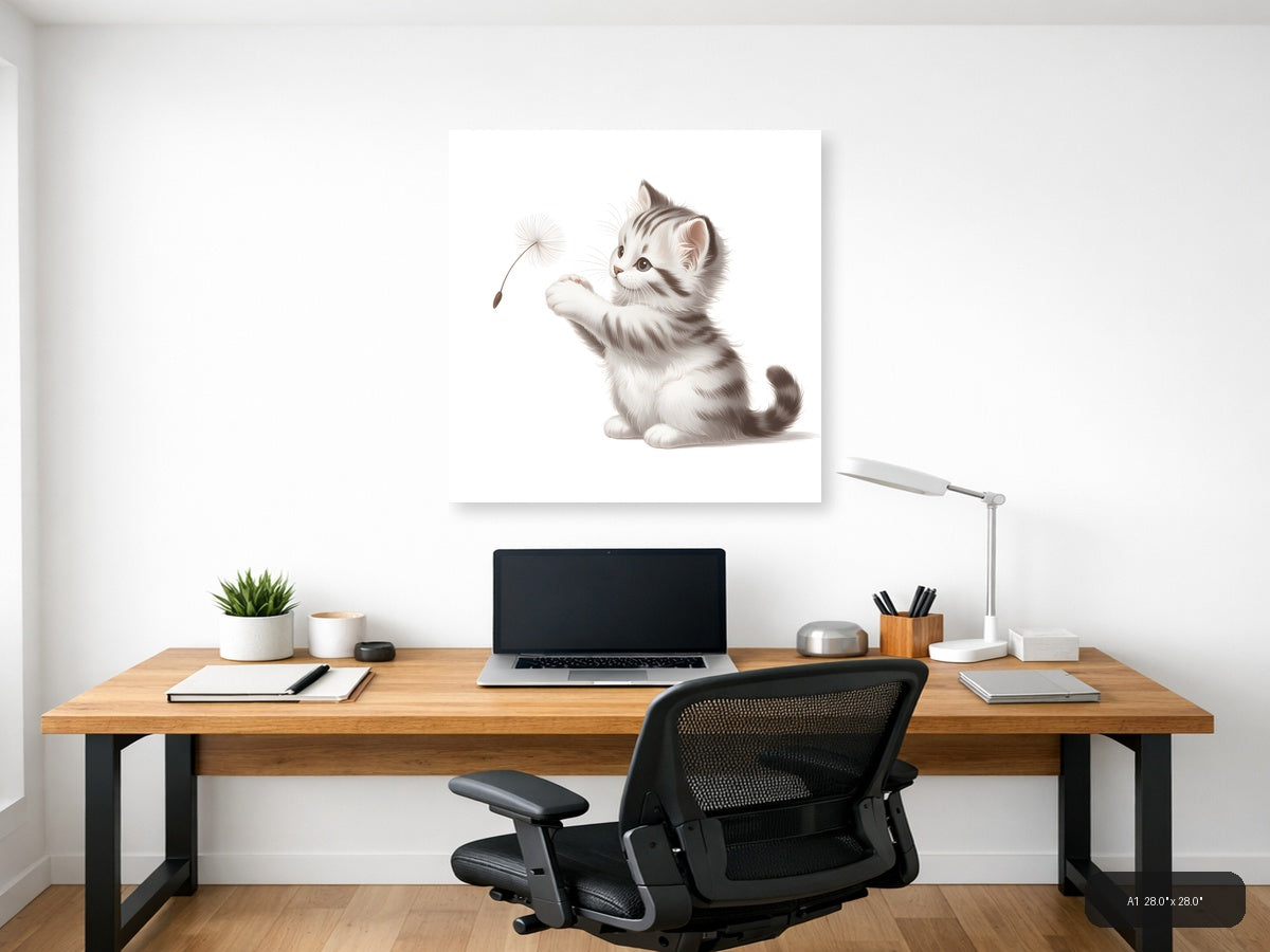 Cute Kitten with Dandelion Minimalist Wall Art — A1 / Office